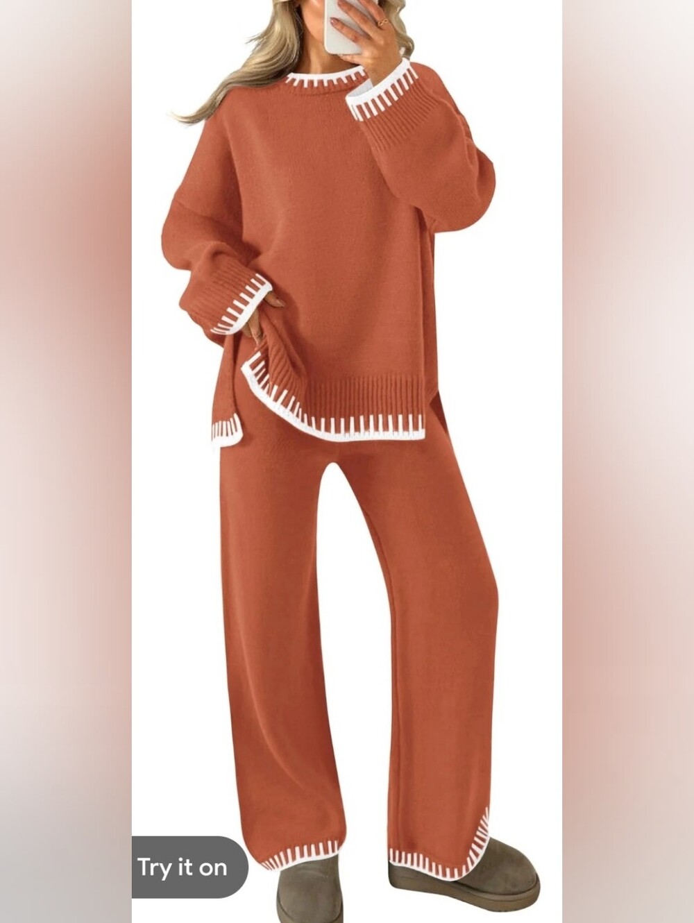 Women's Coral Crewneck Sweater with White Trim
